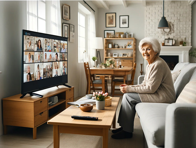 Older woman taking a virtual online class using her TV